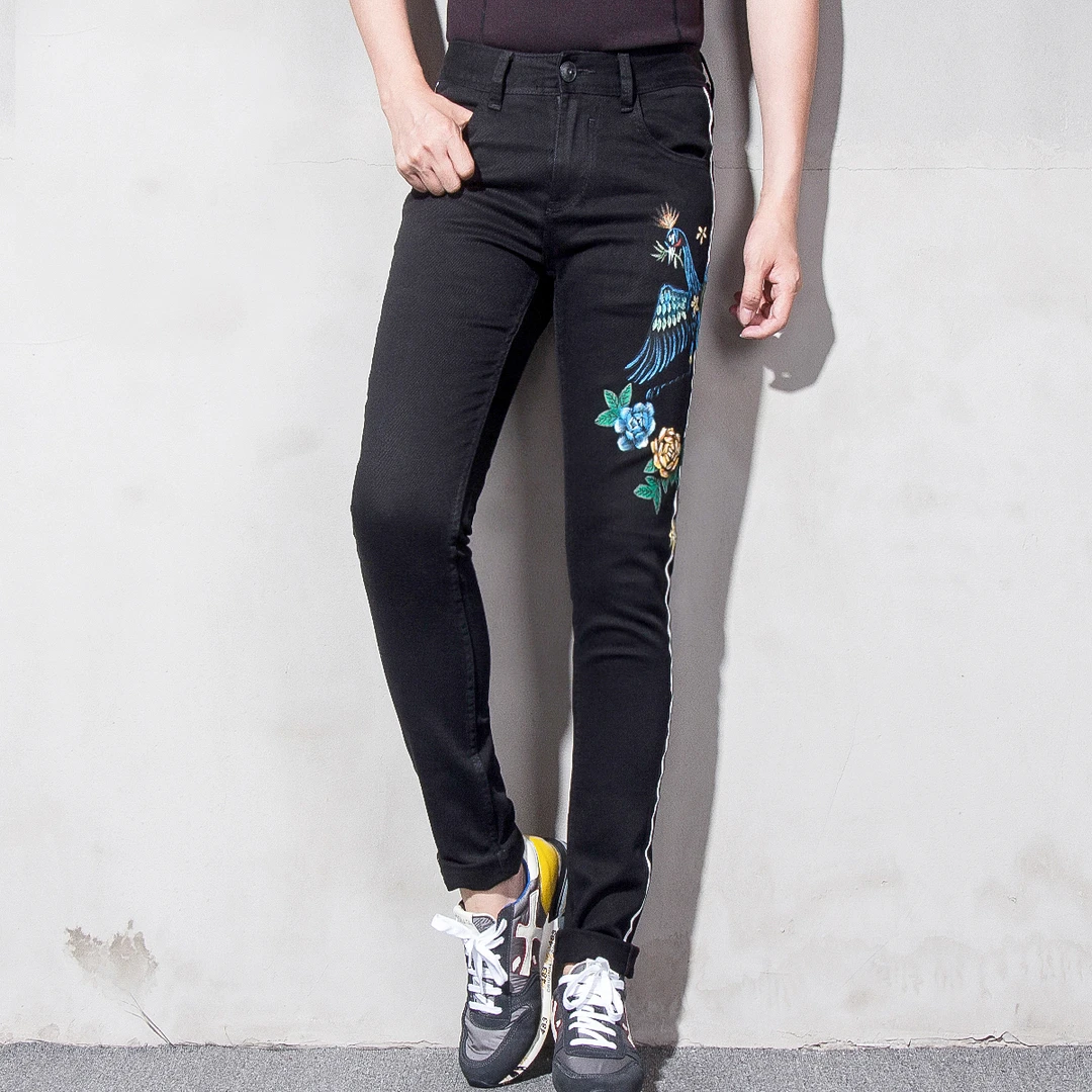 【修身小脚】LDFC401秋季新款男士微弹拼接黑色手绘小脚牛仔裤