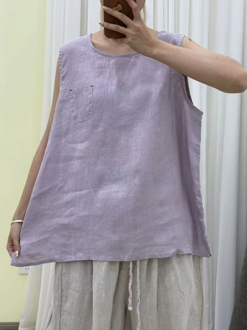 【云目悠悠】秋季纯汉麻设计宽松时尚休闲女士纯色背心20241185
