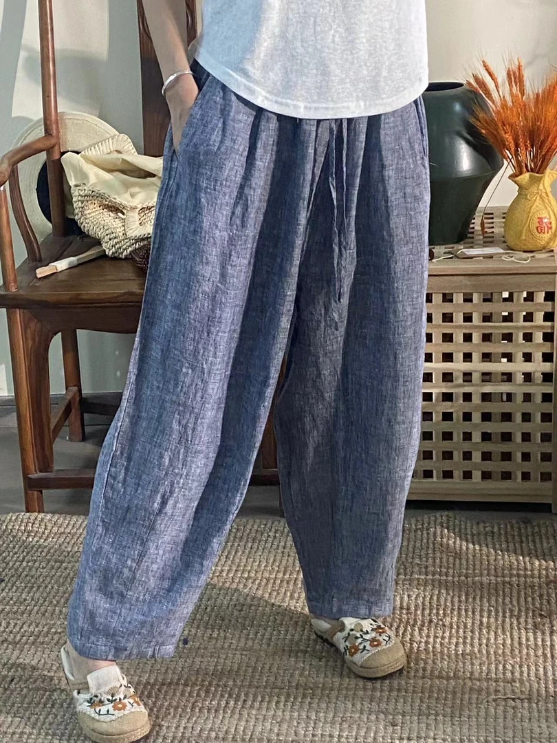 【云目悠悠】秋季汉麻休闲百搭时尚显瘦女士烟灰色小脚裤-2024834