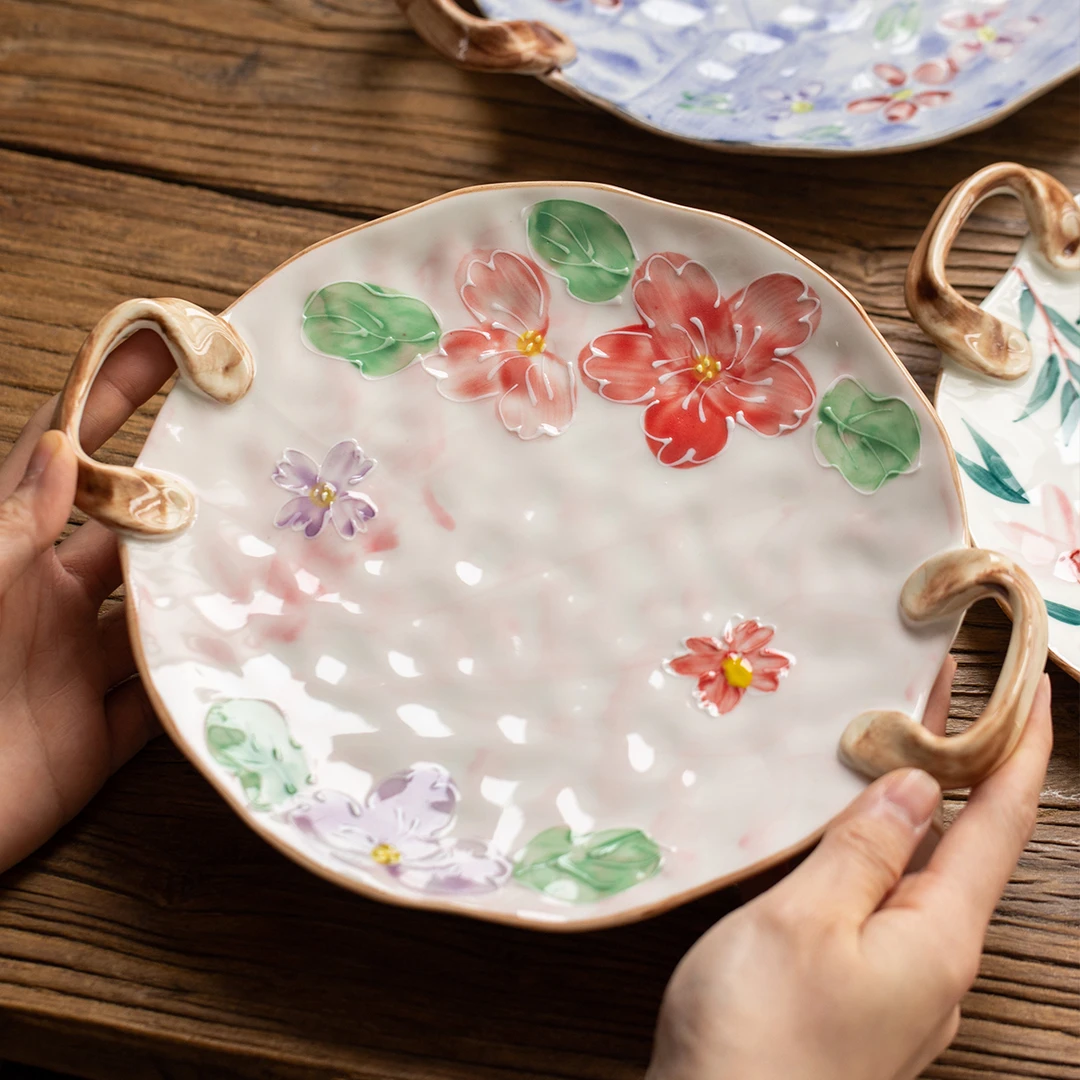 日本进口濑户烧花园双耳托盘茶点盘隔热防烫餐盘家用手绘釉下彩盘