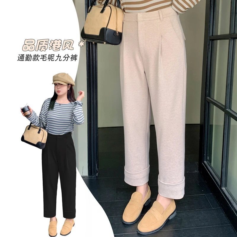 大码女装胖MM冬款九分毛呢直筒烟管裤