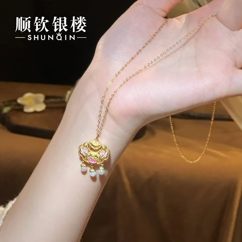 顺钦银楼 坠链均925银仿珍珠 【棠璃项链】925银荷花轻奢国风百搭