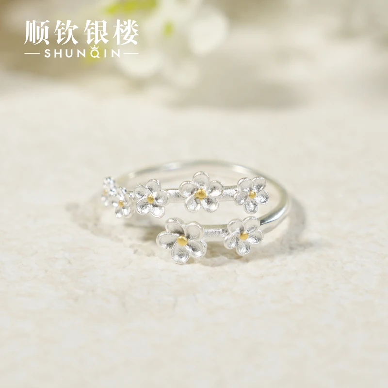 足银戒指 足银990【漫春戒指】小清新花朵银戒指百搭小众