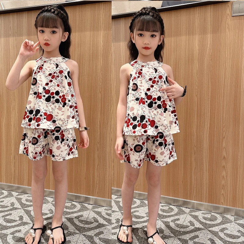 女童波点碎花裙套装夏季挂脖背心裙网红套装女孩薄款洋气两件套