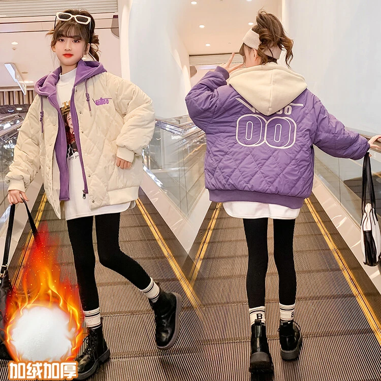 女童假两件小女孩加绒棉衣秋冬季中大童加厚洋气外套保暖棉服