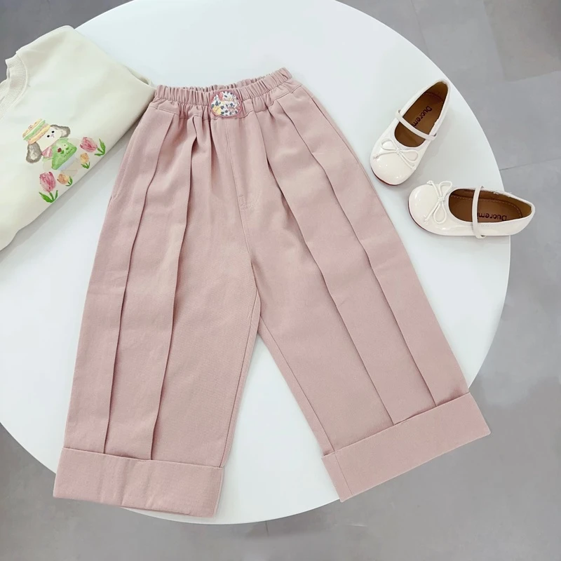 【云朵小葵】女童时尚纯色两道捏褶圆标小花刺绣休闲裤1112898