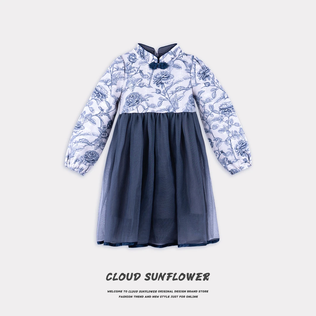 【云朵小葵】女童藏青色碎花复古长袖纱纱洋气连衣裙306640
