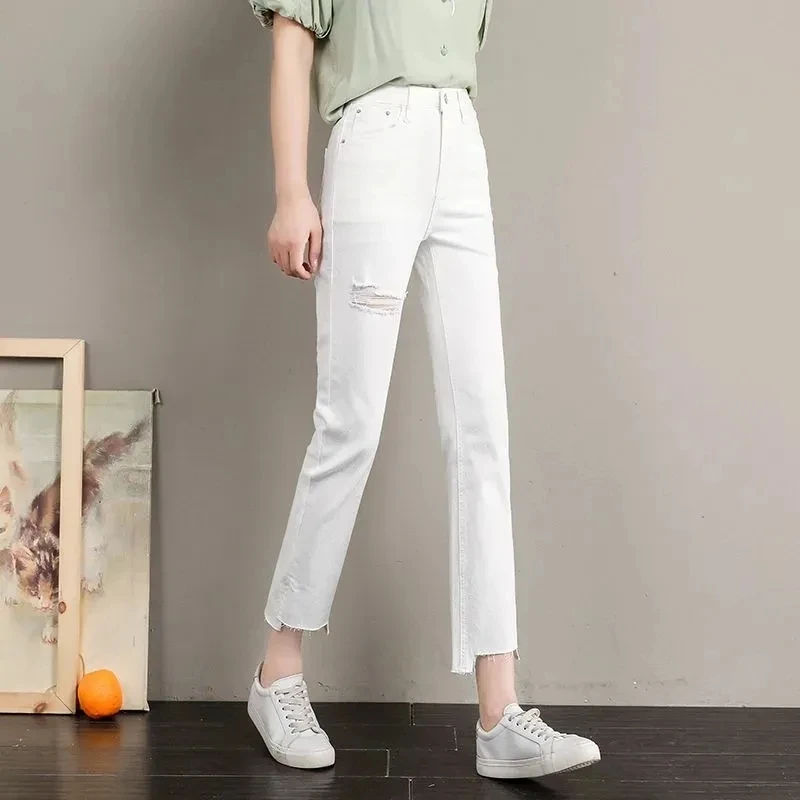 破洞高腰牛仔裤女小个子修身薄款弹力春夏白色显瘦开叉直筒九分裤