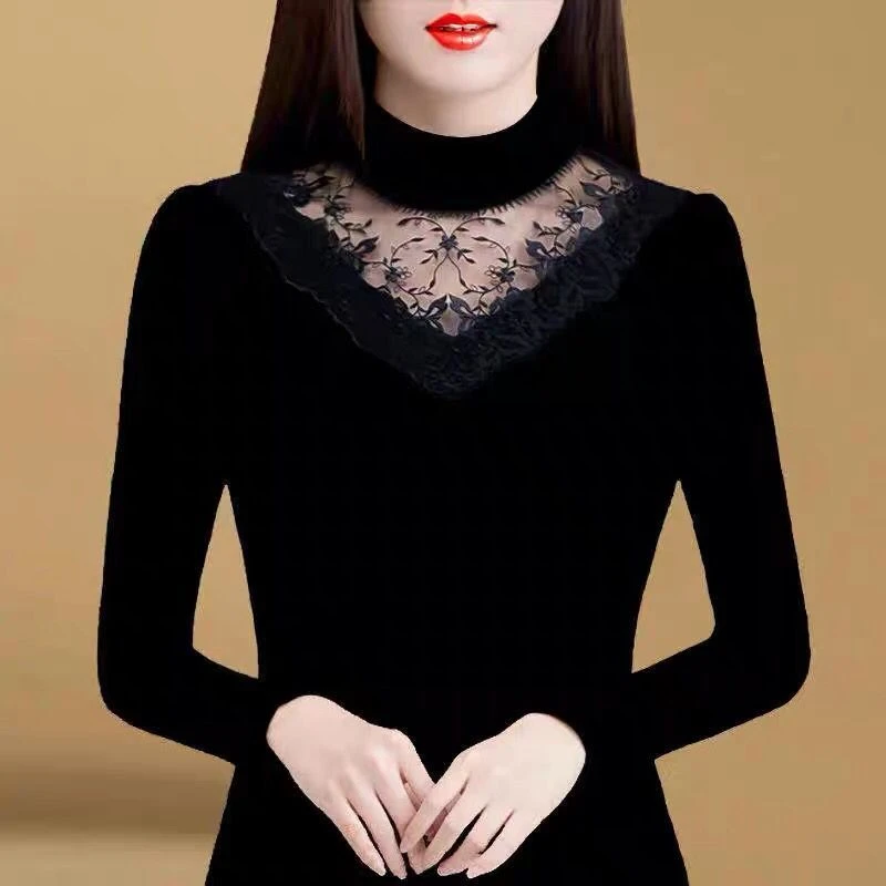 春秋蕾丝打底衫女内搭洋气秋冬保暖加绒加厚加绒加厚时髦打底衫