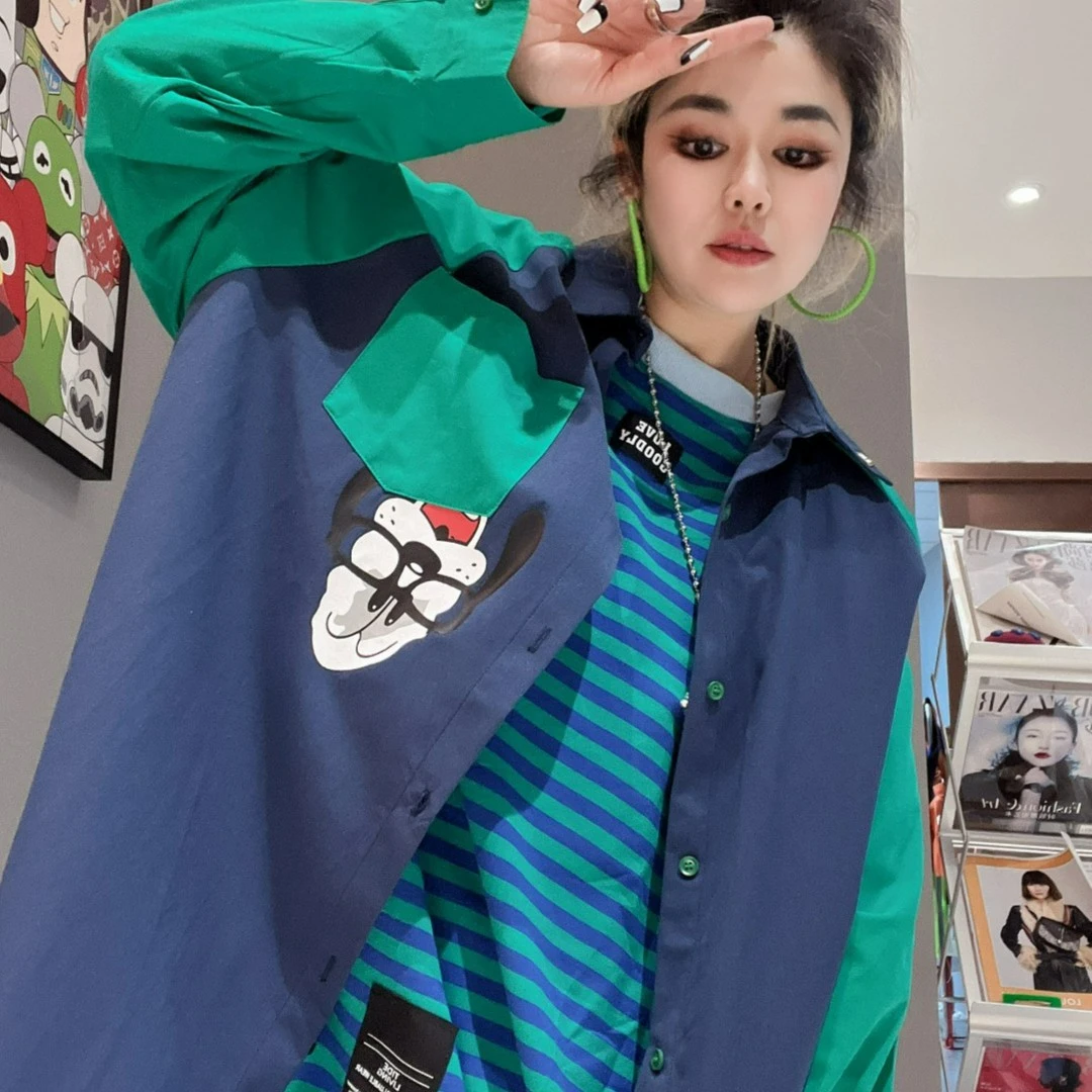 后背英文插肩袖拼色宽松慵懒风韩版休闲衬衣5083