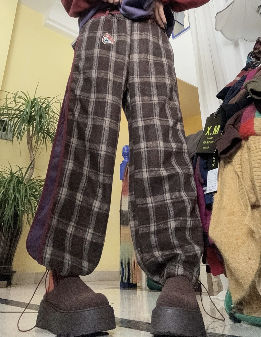 冬款加绒加厚格子花色抽绳收脚休闲运动裤9320