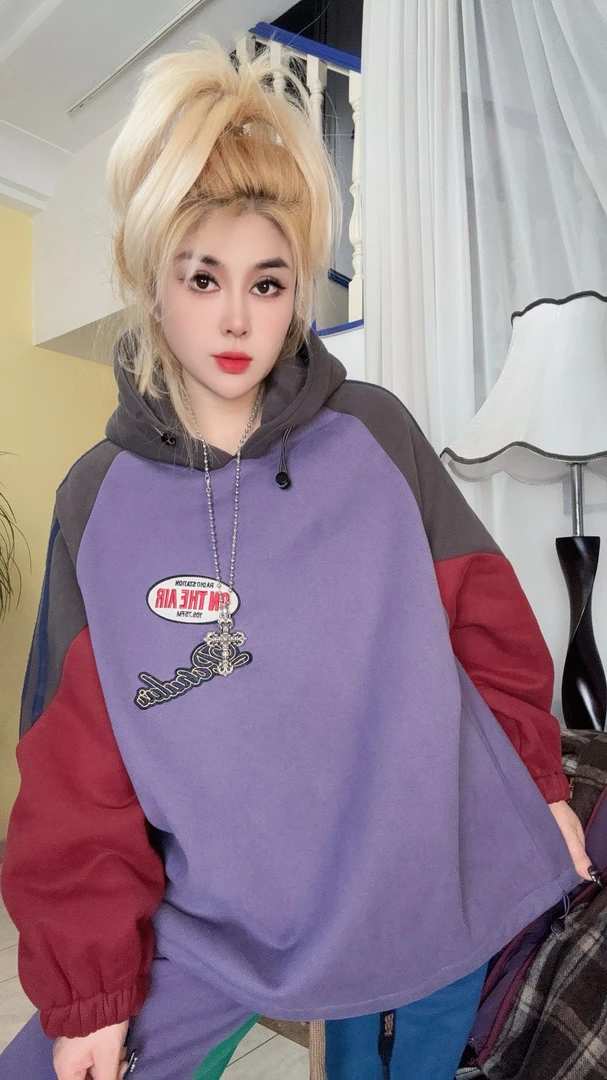 韩版冬季加绒加厚拼色个性连帽卫衣9319