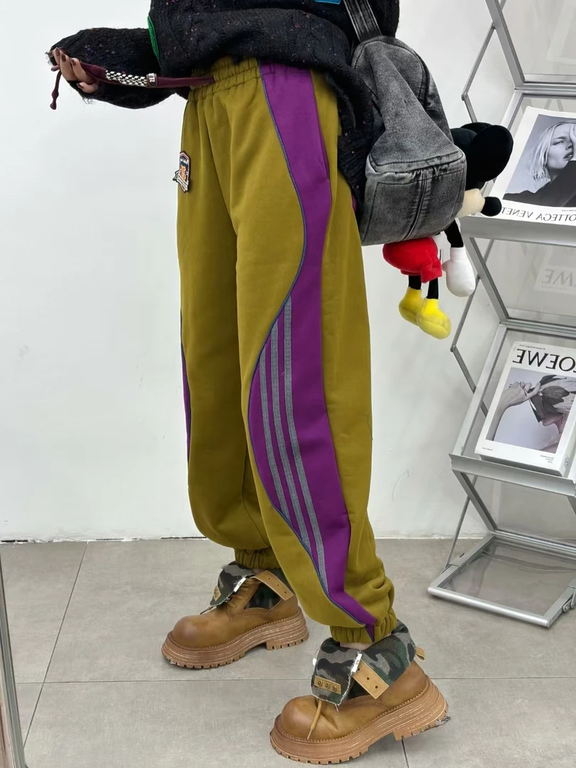 韩版侧边不规则拼条杠个性加绒加厚休闲运动长裤9315