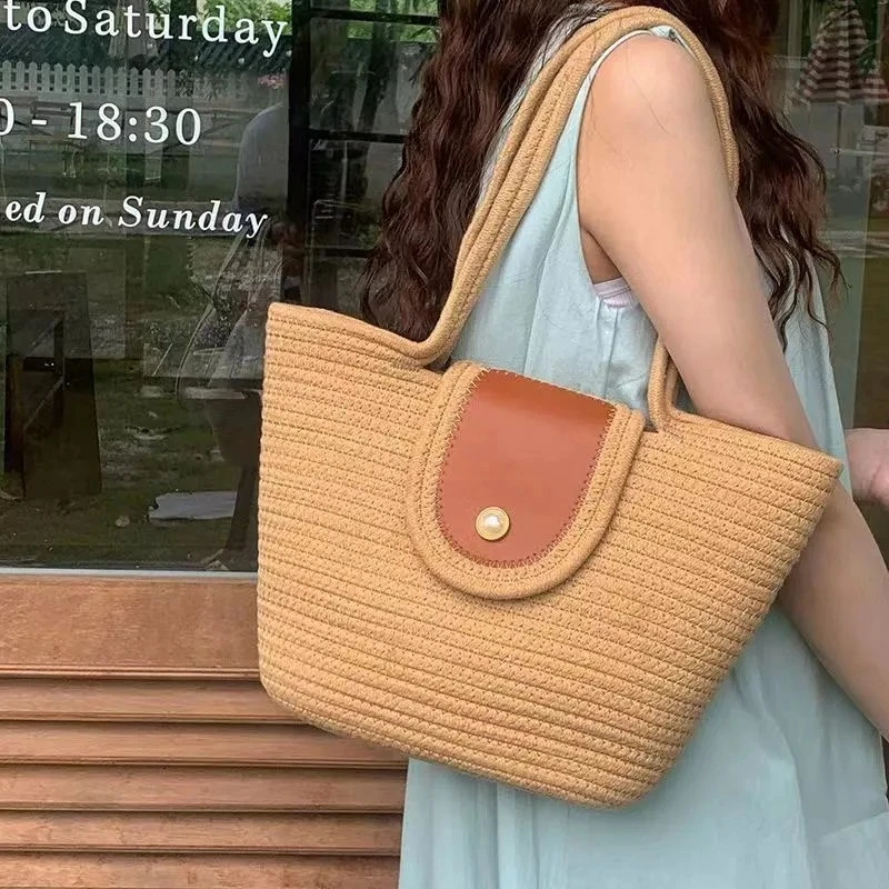 春夏编织女包草编包棉绳手提包手拎磁扣棉绳手提包夏季沙滩包百搭