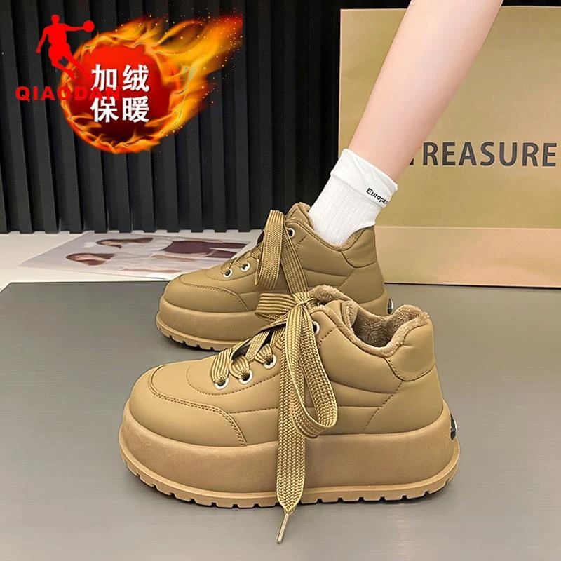 乔丹断码厚底面包鞋女2023秋冬季新款加绒棉鞋真皮软底休闲松糕超