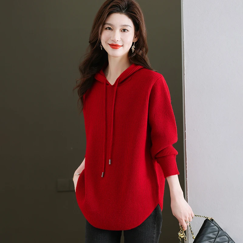 高端时尚连帽打底毛衣女秋冬纯色宽松休闲加厚针织衫洋气大码上衣