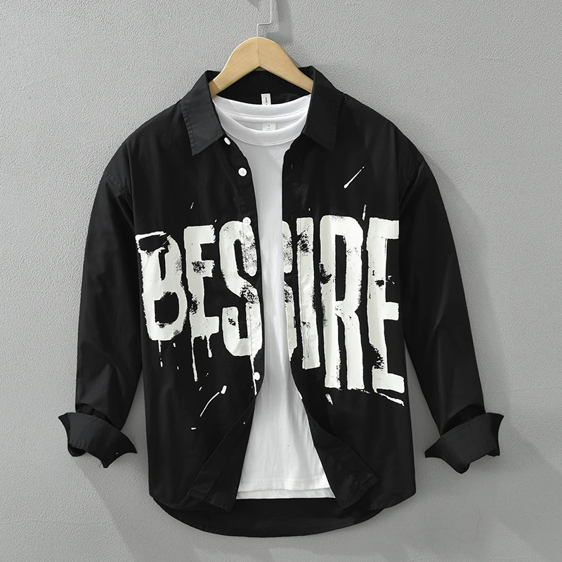 时尚字母印花长袖衬衫男士春秋韩版潮流帅气休闲百搭宽松上衣7209