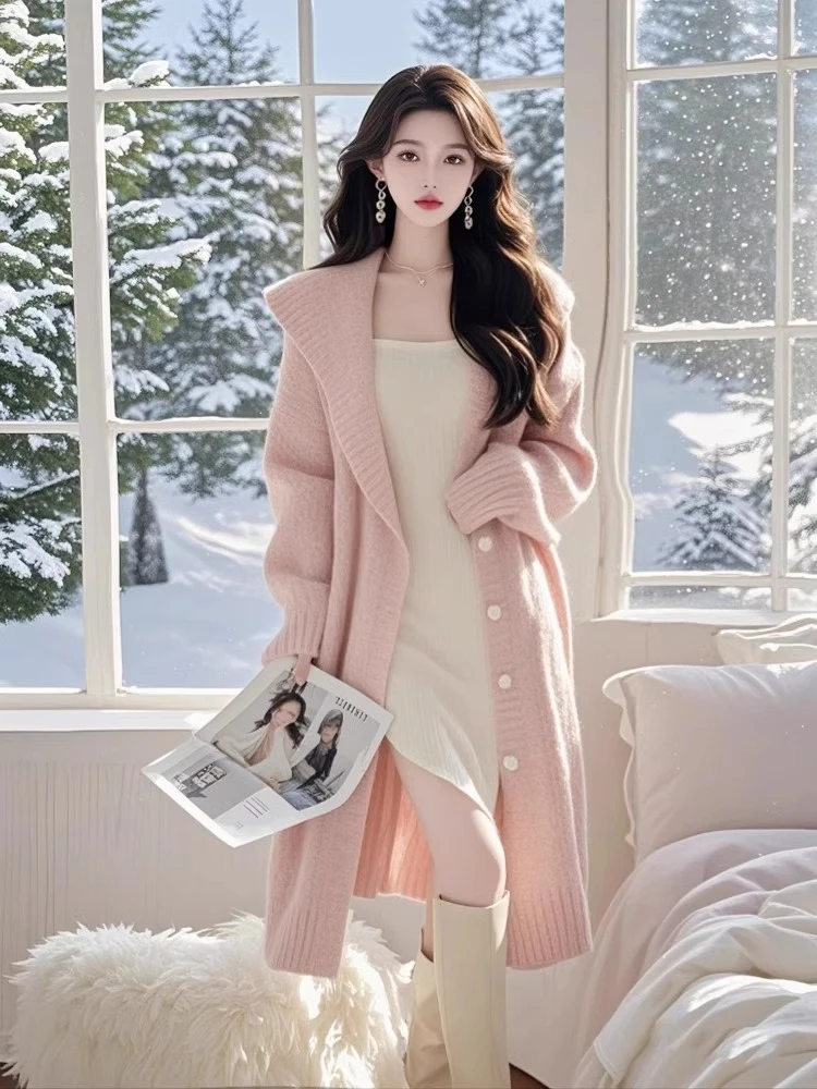时尚感韩系女主慵懒风高级感小香风粉色翻领长款针织毛衣外套女装