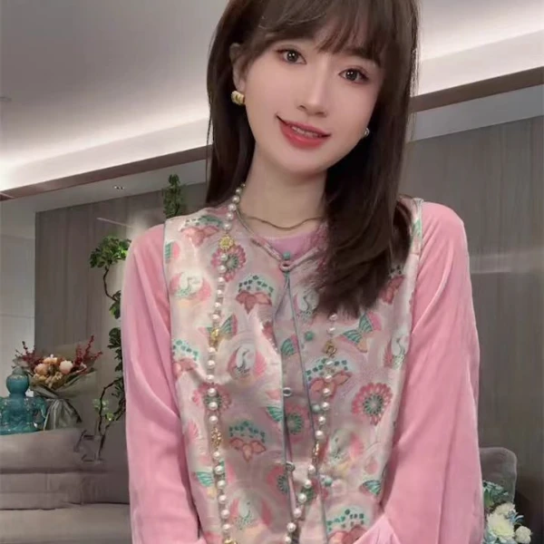 新中式国风唐装复古粉色马甲丝绒上衣套装女春季小个子穿搭一整套