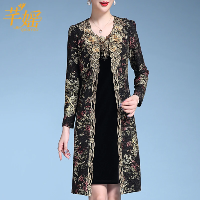 中年妈妈显瘦气质连衣裙套装时尚蕾丝刺绣烫金印花中长款外搭