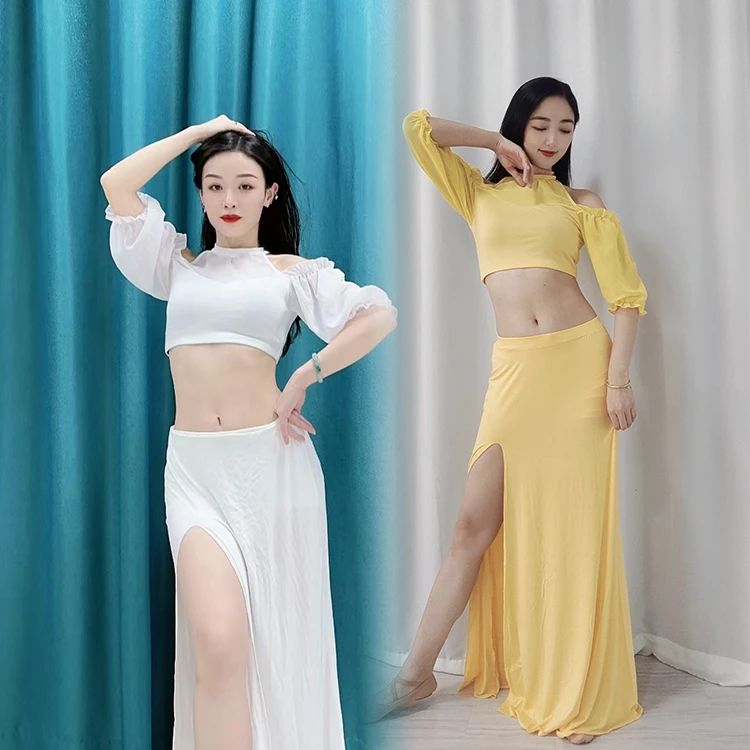 SWEGAL肚皮舞练功服仙女公主泡泡袖拼接莫代尔练功服套装雪纺袖