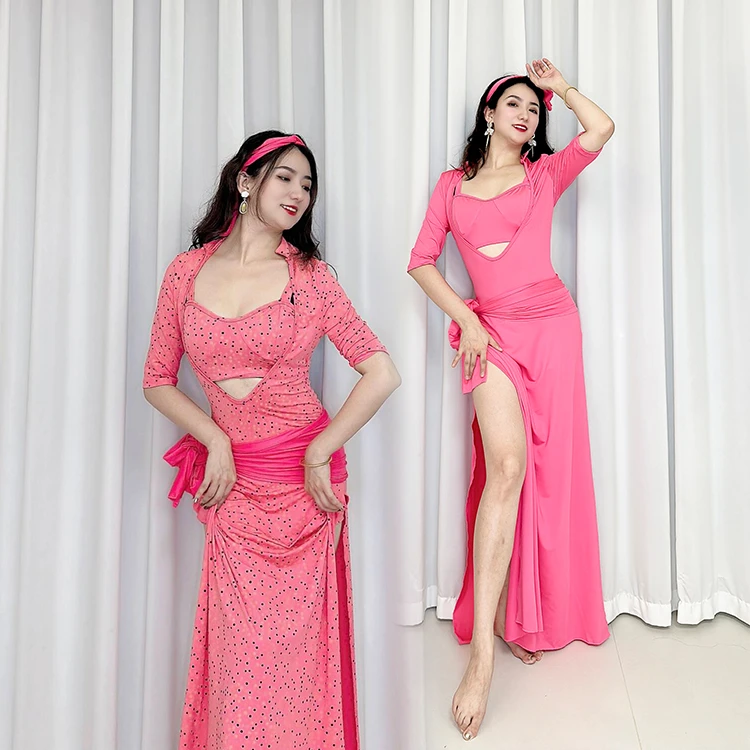 SWEGAL肚皮舞练习樱花粉点点印花袍子五件套大师款手杖舞蹈演出服