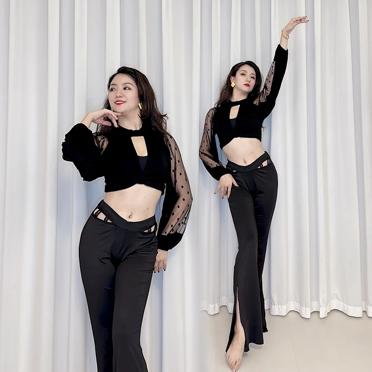 SWEGAL肚皮舞波点网纱拼莫代尔灯笼袖镂空高腰裤修身百搭初学者