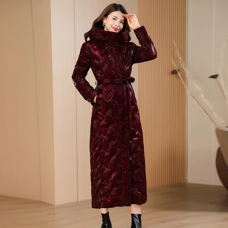 亮面羽绒服女长款冬2025新款时尚洋气白鸭绒外套过膝气质修身免洗