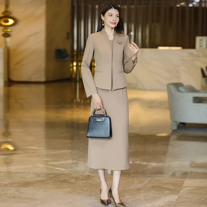 新款气质长袖中长款时尚西装套装裙女高级感职业外套背心裙两件套