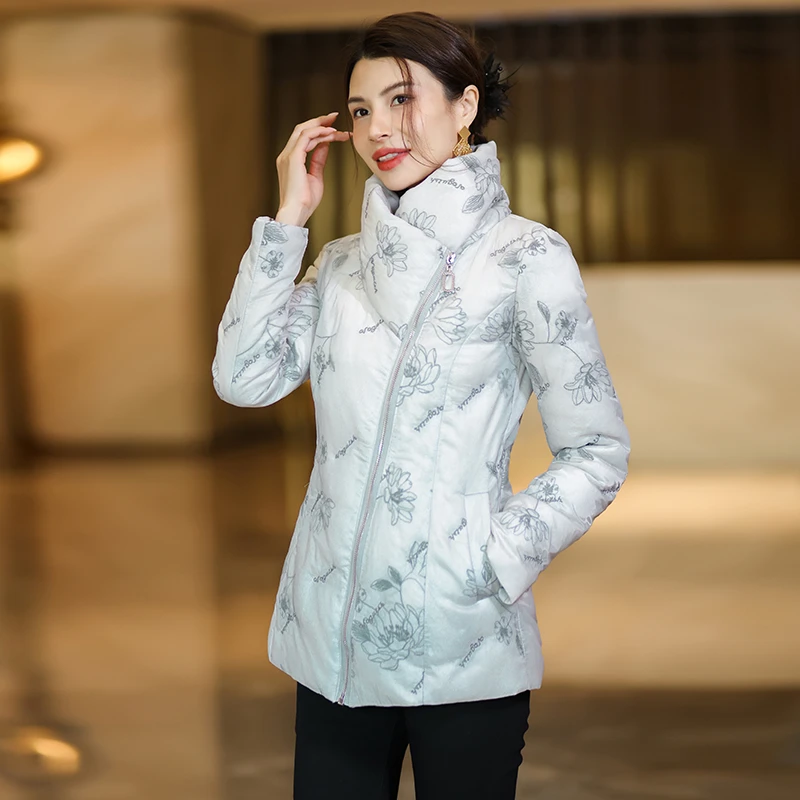 短款羽绒服女冬季2025新款洋气减龄印花90白鸭绒立领气质保暖外套