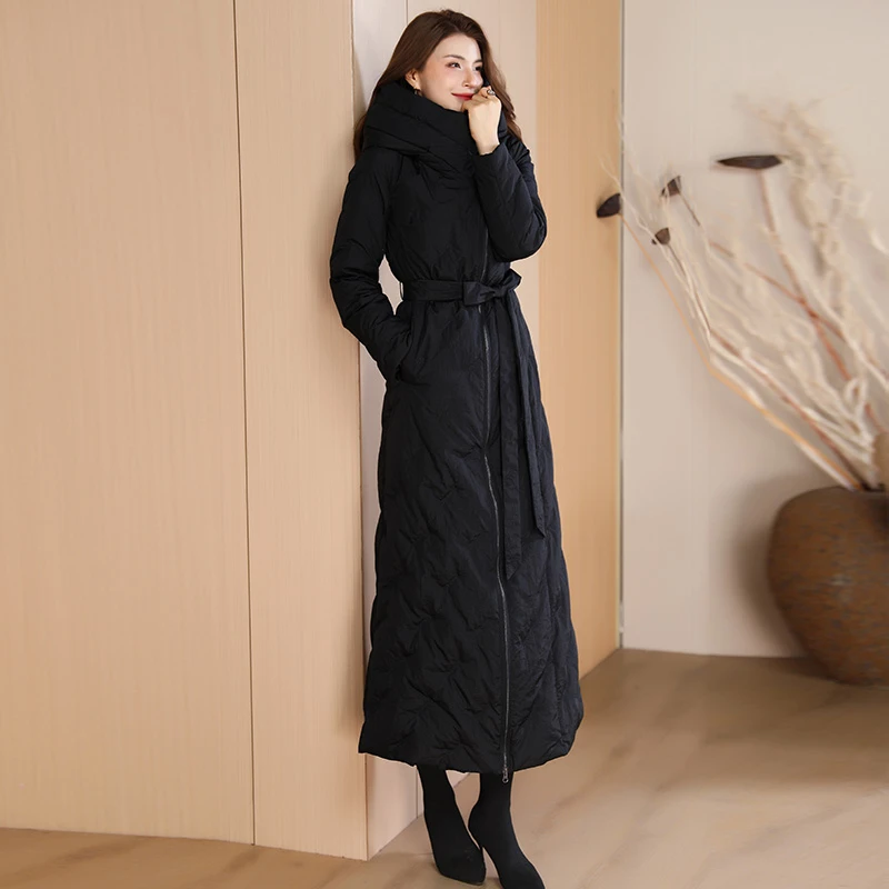 黑色羽绒服2025年新款女高领修身保暖超长款白鸭绒过膝到脚踝加厚