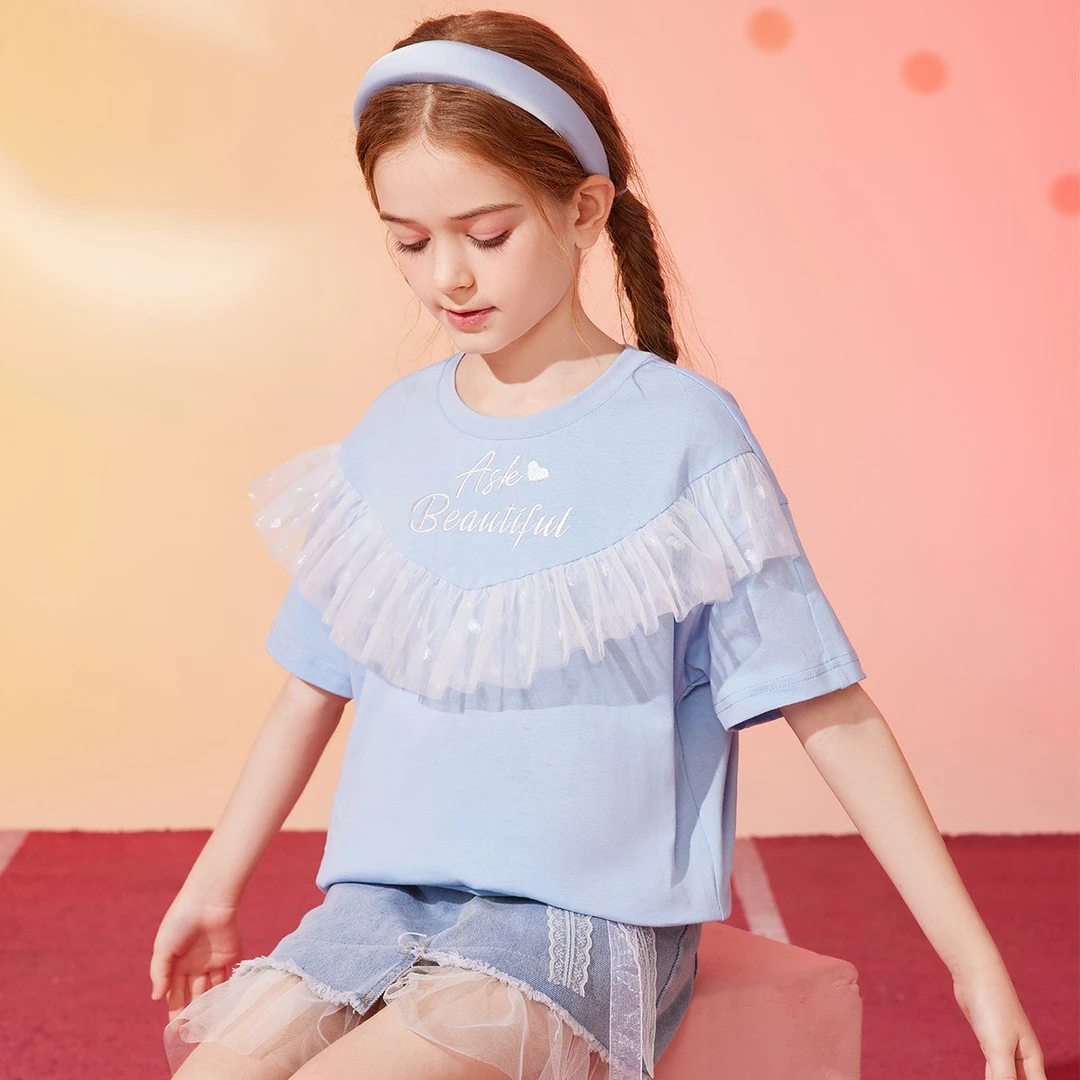 【新款童装】女童短袖T恤夏季中大童网纱字母印花打底衫