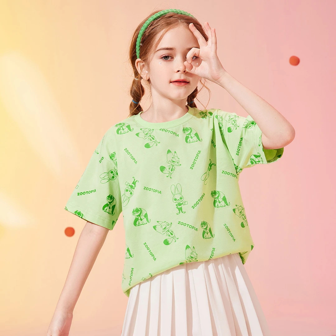 【新款童装】女童T恤夏薄款儿童打底衫绿色卡通LOGO洋气百搭半袖