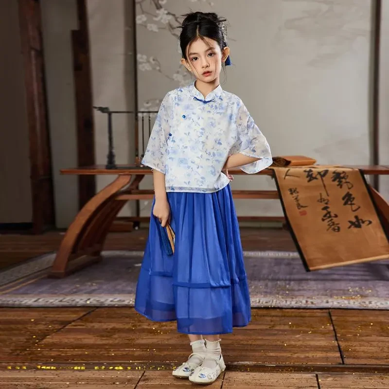 ASKjunior女童套装夏国风新中式刺绣改良旗袍上衣+裙中大童两件套