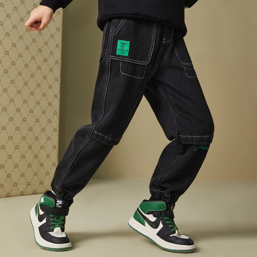 【粉丝新款】中大男童牛仔裤秋新款黑色罗口儿童联名款休闲加绒长裤