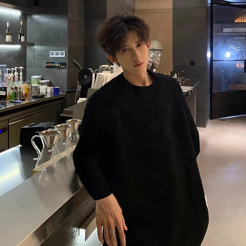 纯黑色美式复古长袖t恤男秋季感痞帅硬挺360克重磅内搭圆领打底衫