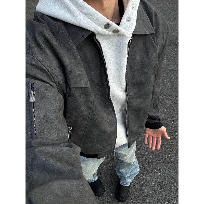 oversize黑色解构拼接外套男款小众设计感潮牌翻领机车服美式外套