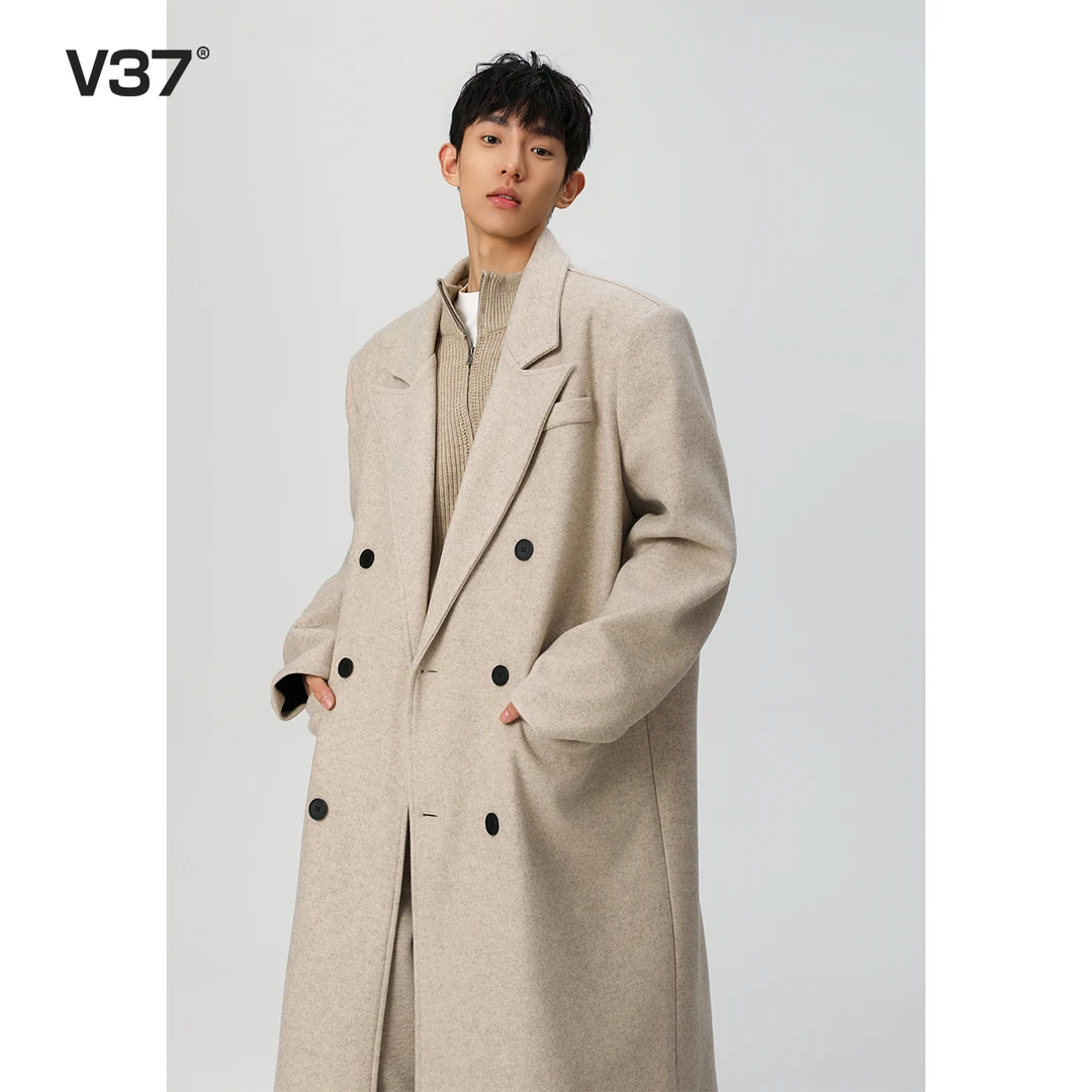 V37黑色高级感毛呢大衣男款2024冬季中长款韩版呢子加厚风衣外套