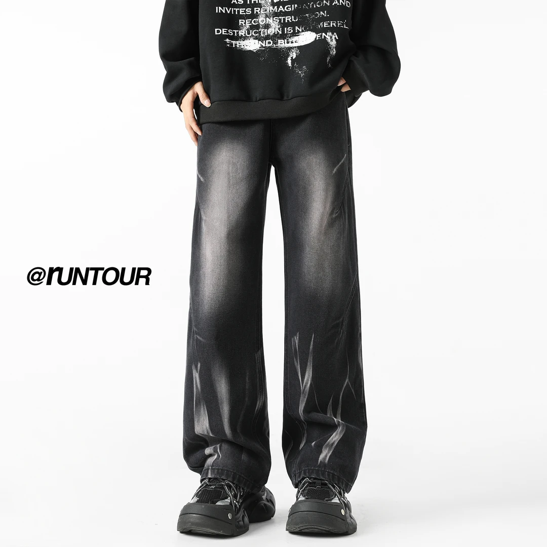 美式扎染牛仔裤男秋季潮牌oversize微喇裤子vibe高街休闲拼接长裤