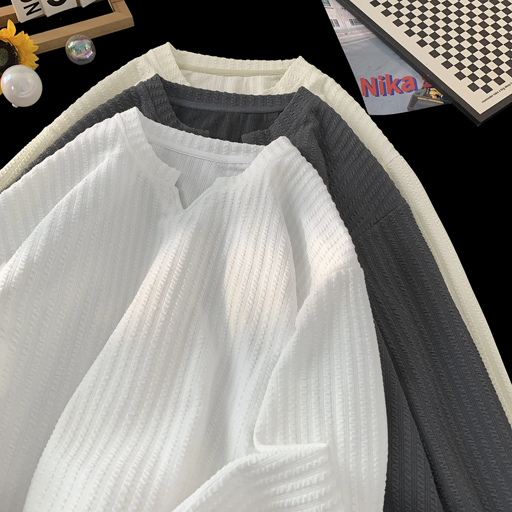 2025秋冬美式长袖t恤男士纯色肌理感休闲潮流情侣宽松V领打底衫女