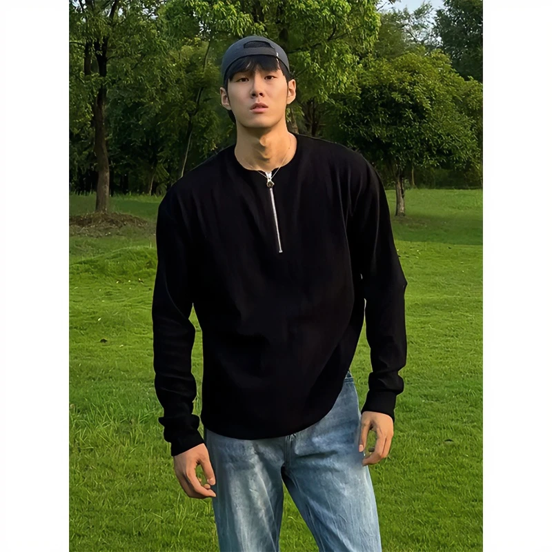 黑色半拉链华夫格卫衣男款春秋季显肌肉运动健身修身美式长袖t恤