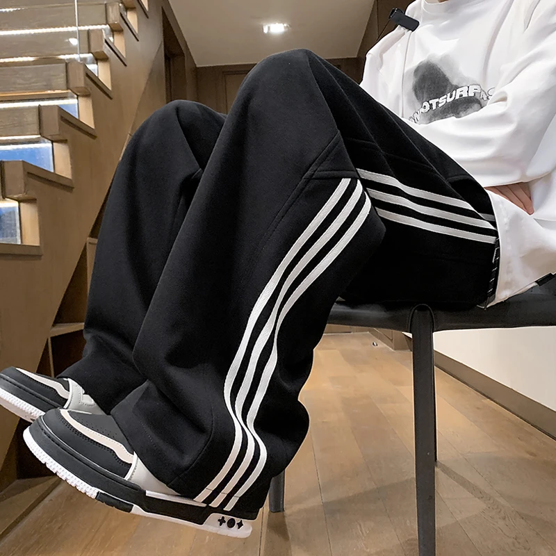 美式oversize卫裤男款秋季重磅校园风条纹运动裤子直筒阔腿休闲裤