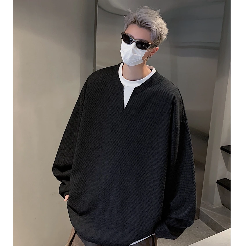 秋季新款灰色假两件肌理感t恤男生穿搭华夫格卫衣韩版内搭打底衫