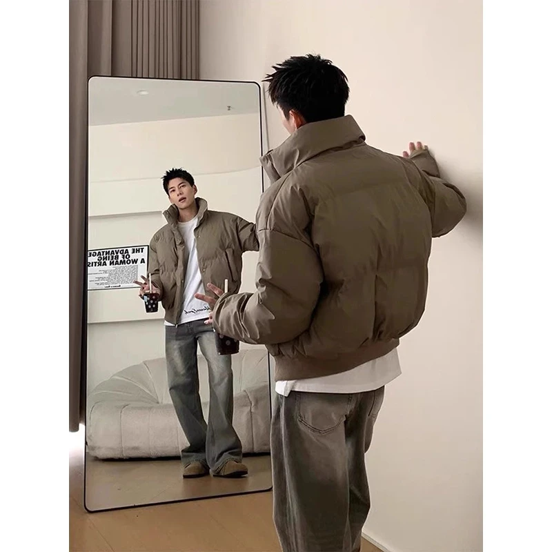 美式oversize短款棉服男款冬季加厚立领面包服潮牌高级感pu皮外套