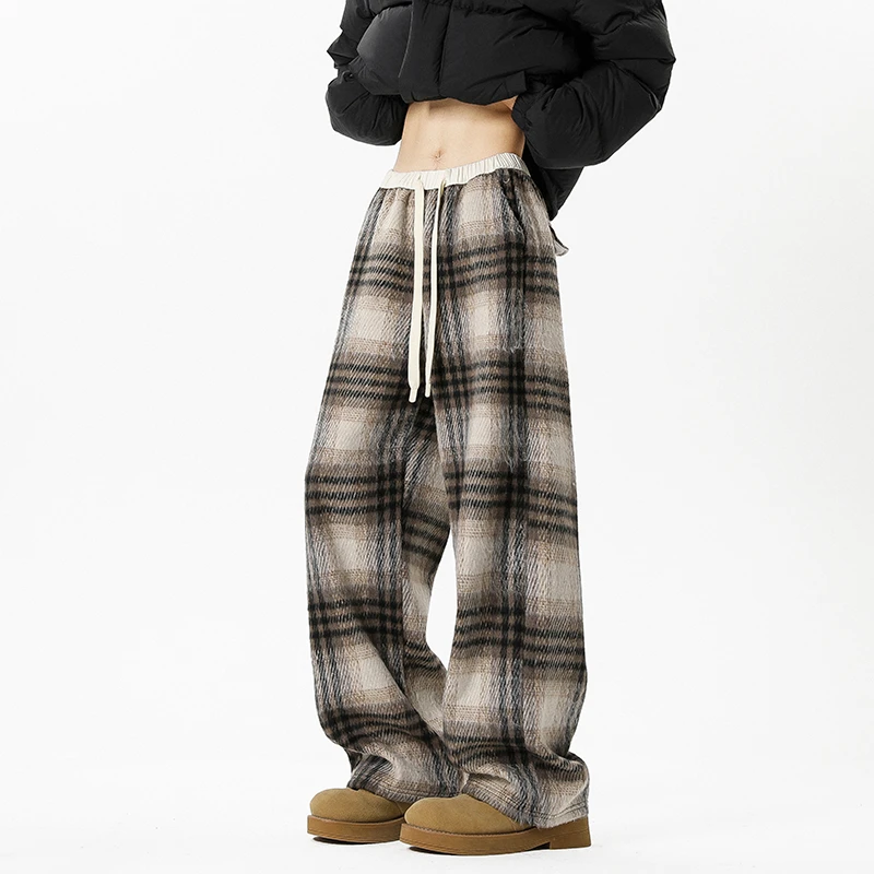 V37日系格子直筒休闲裤男秋冬季加绒加厚青少年宽松阔腿显瘦裤子