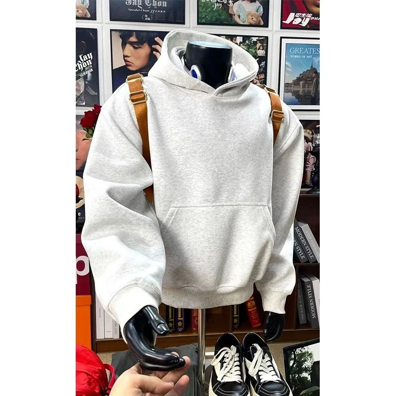 毛茸茸加绒加厚花灰色boxy重磅卫衣男款秋冬400g硬挺连帽cleanfit