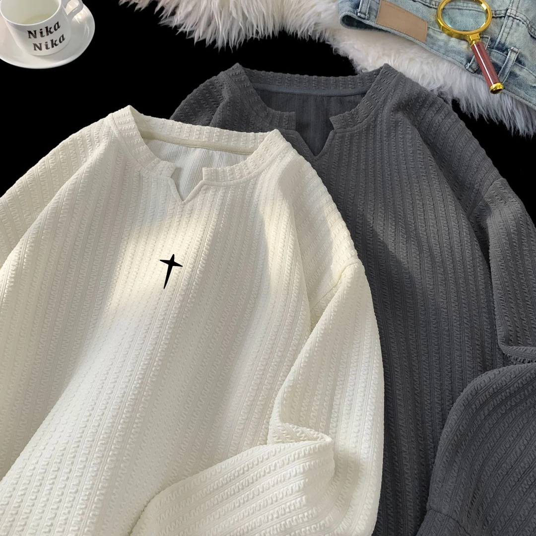 美式高街长袖T恤男士春秋季新款肌理感百搭卫衣潮流V领打底衫上衣