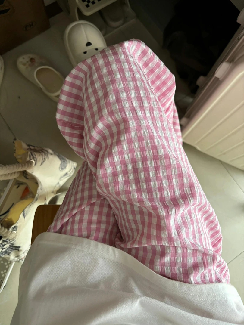 少女粉色条纹格子休闲裤睡裤女韩版ins直筒春夏可外穿遛弯家居裤