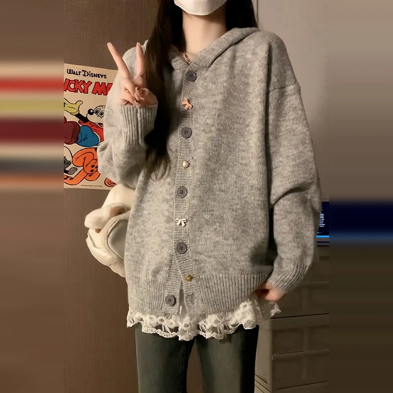 KM4625秋冬季百搭时尚蕾丝拼接灰色毛衣女慵懒风宽松韩版加厚上衣