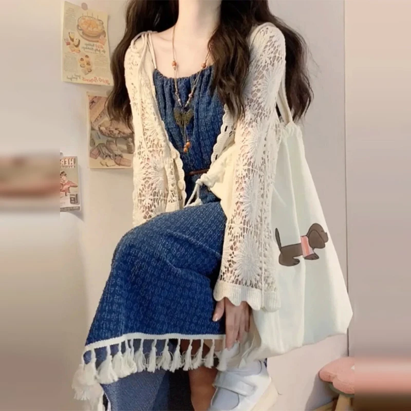 KM4403流苏牛仔吊带连衣裙子女夏季新款小个子时尚气质法式长裙